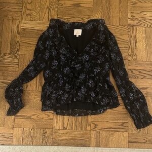 Cinq à Sept Black Blouse with Blue Floral Design